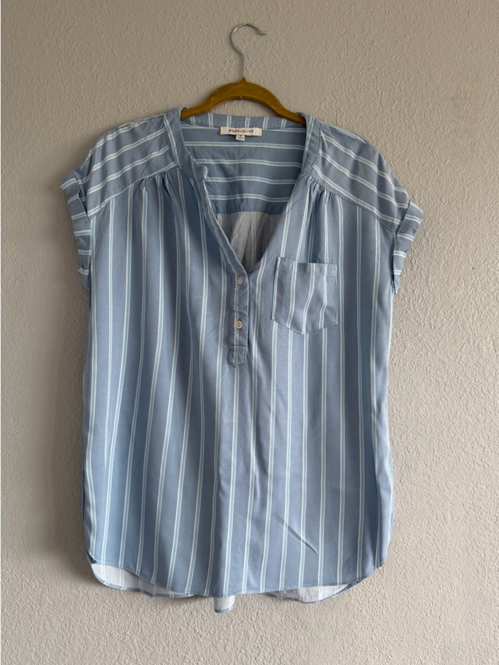 Striped Cap Sleeve Henley Popover Blouse Medium Coastal Grandma Preppy Nautical